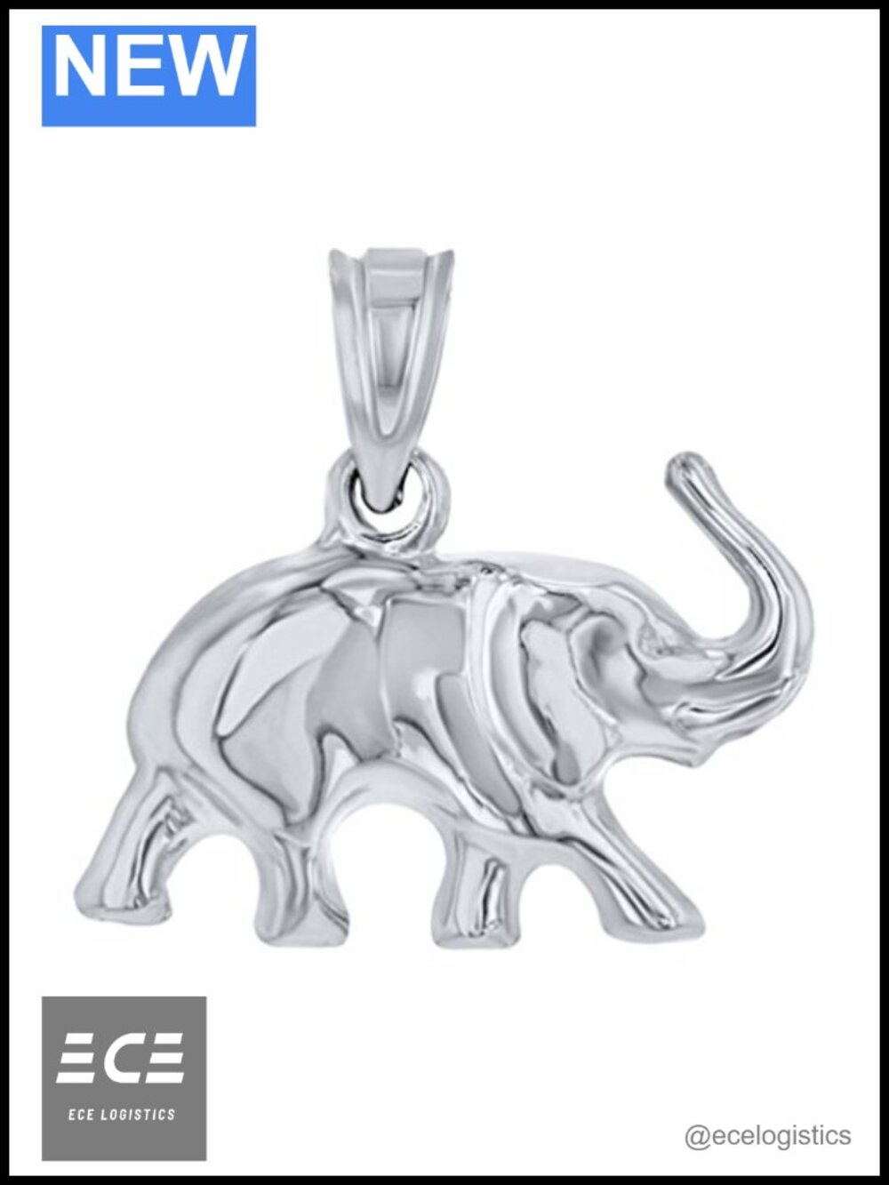 14K White Gold Polished Elephant Good Luck Charm Pendant Necklace Made in USA